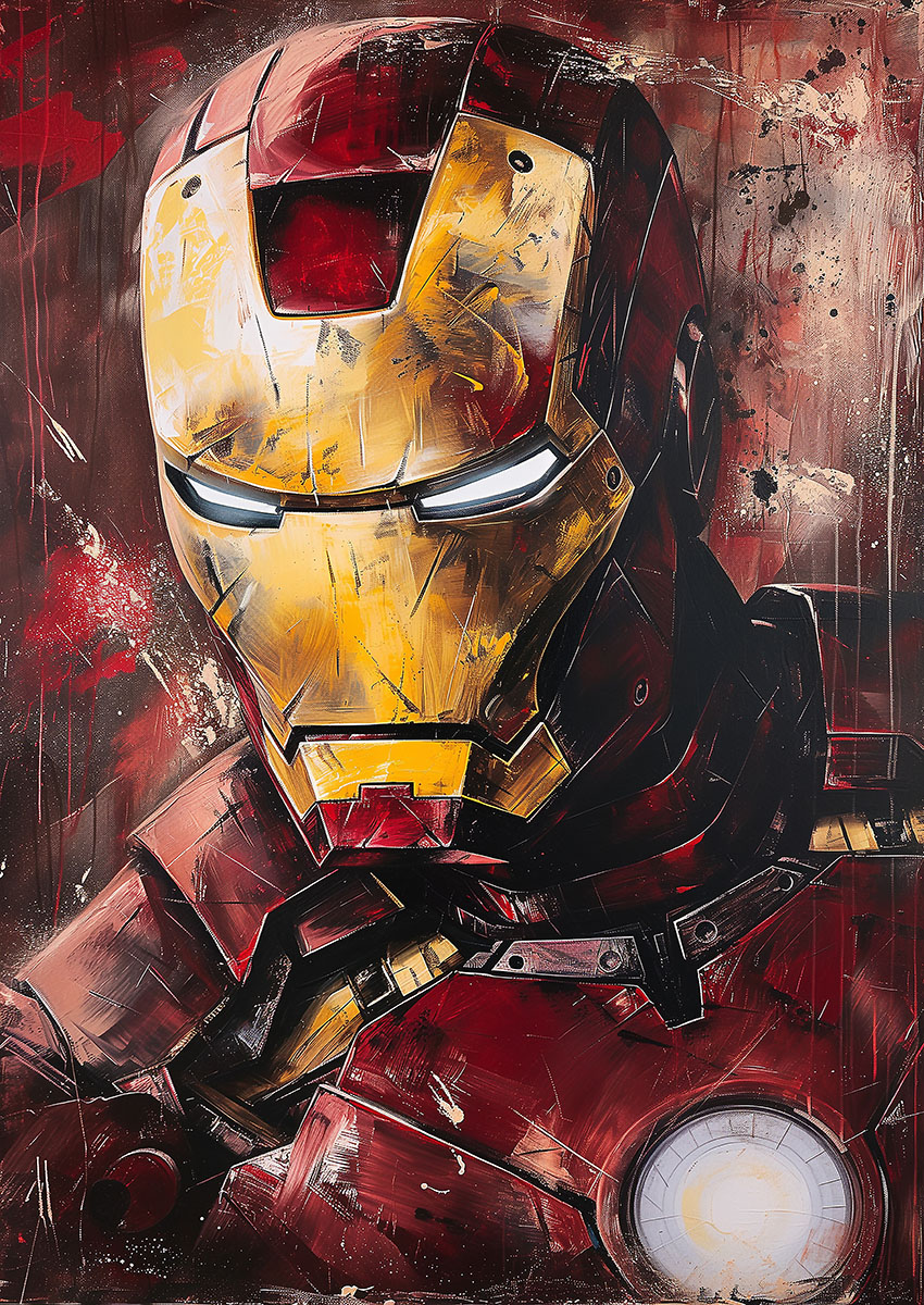 Dramatic Iron Man style artwork featuring a close-up of the iconic helmet and suit.
